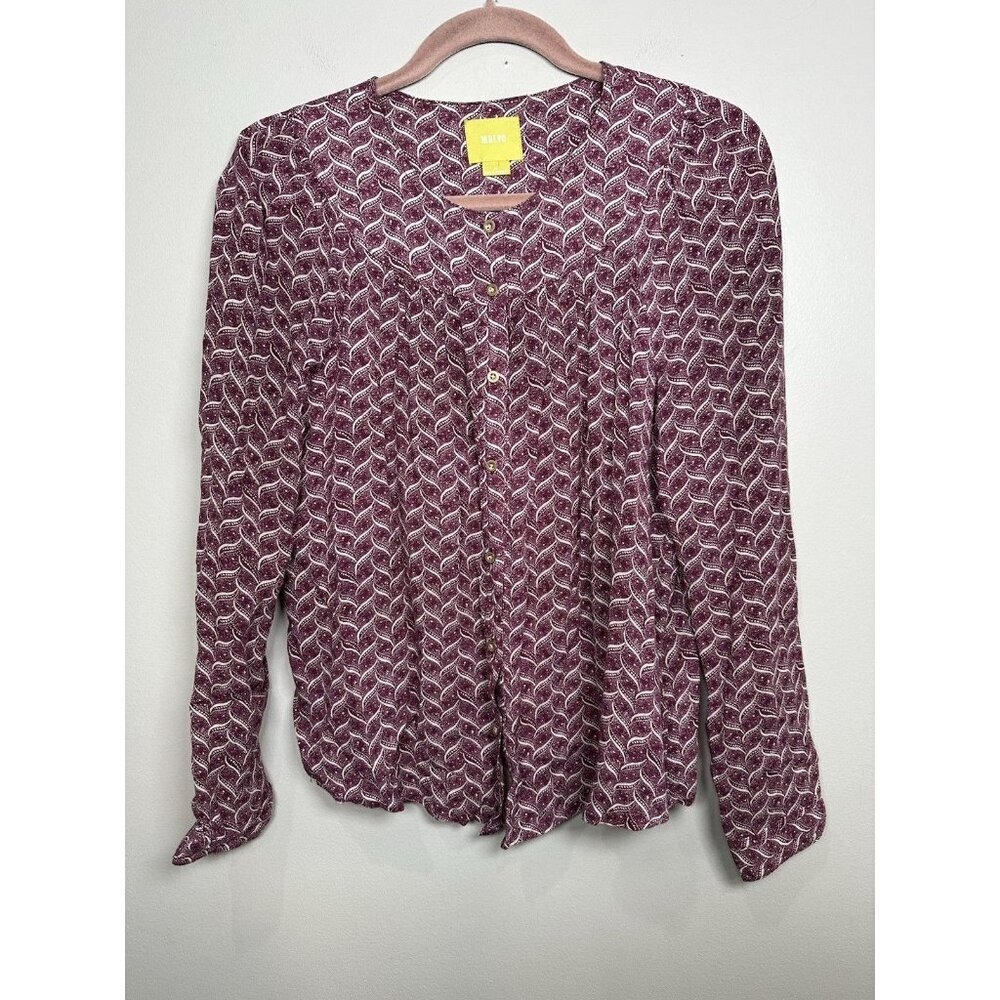 Anthropologie Maeve Orli Bibbed Button Up Blouse Size Medium Purple White